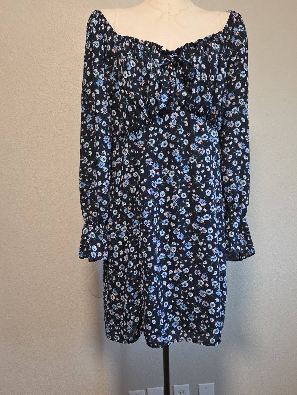 As U Wish Navy Blue Long Sleeve Floral Mini Dress with Blue & White Flowers